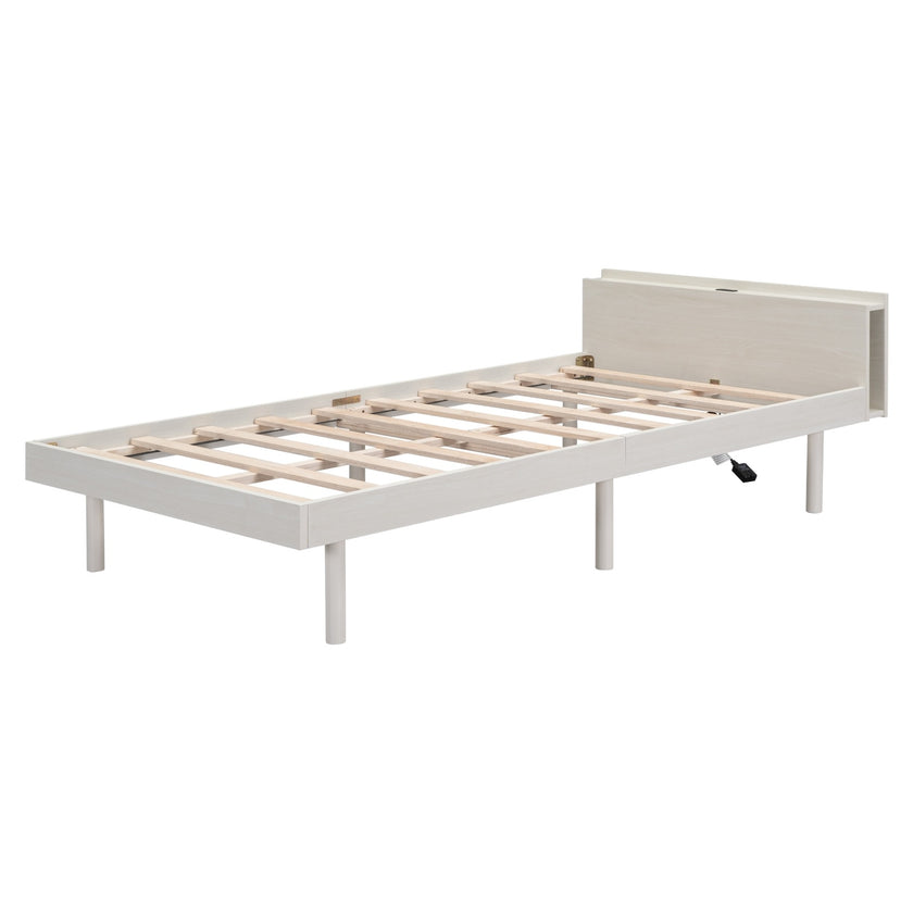 Modern Twin Platform Bed Frame With USB Ports, White Washed Color