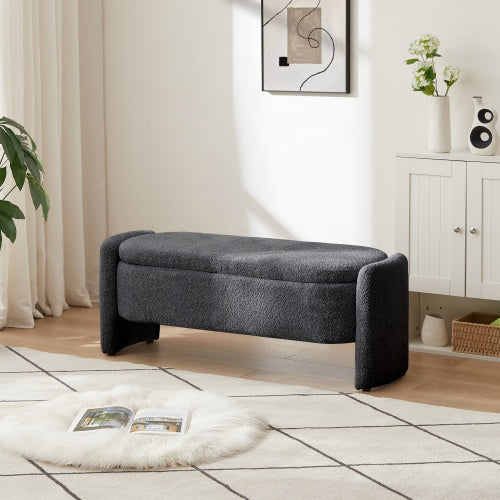 Ottoman Oval Storage Bench 3D Lamb Fleece Fabric Bench With Large Storage Space For The Living Room, Entryway And Bedroom