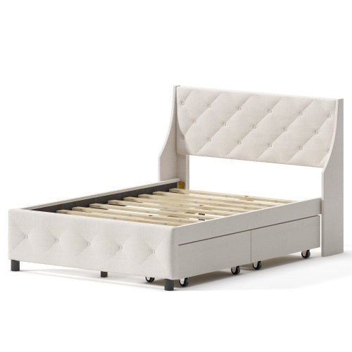 Queen Size Bed Frame With Storage Headboard, Metal Platform Bed No Noise, Mattress Foundation Strong Metal Slats Support No Box Spring Needed