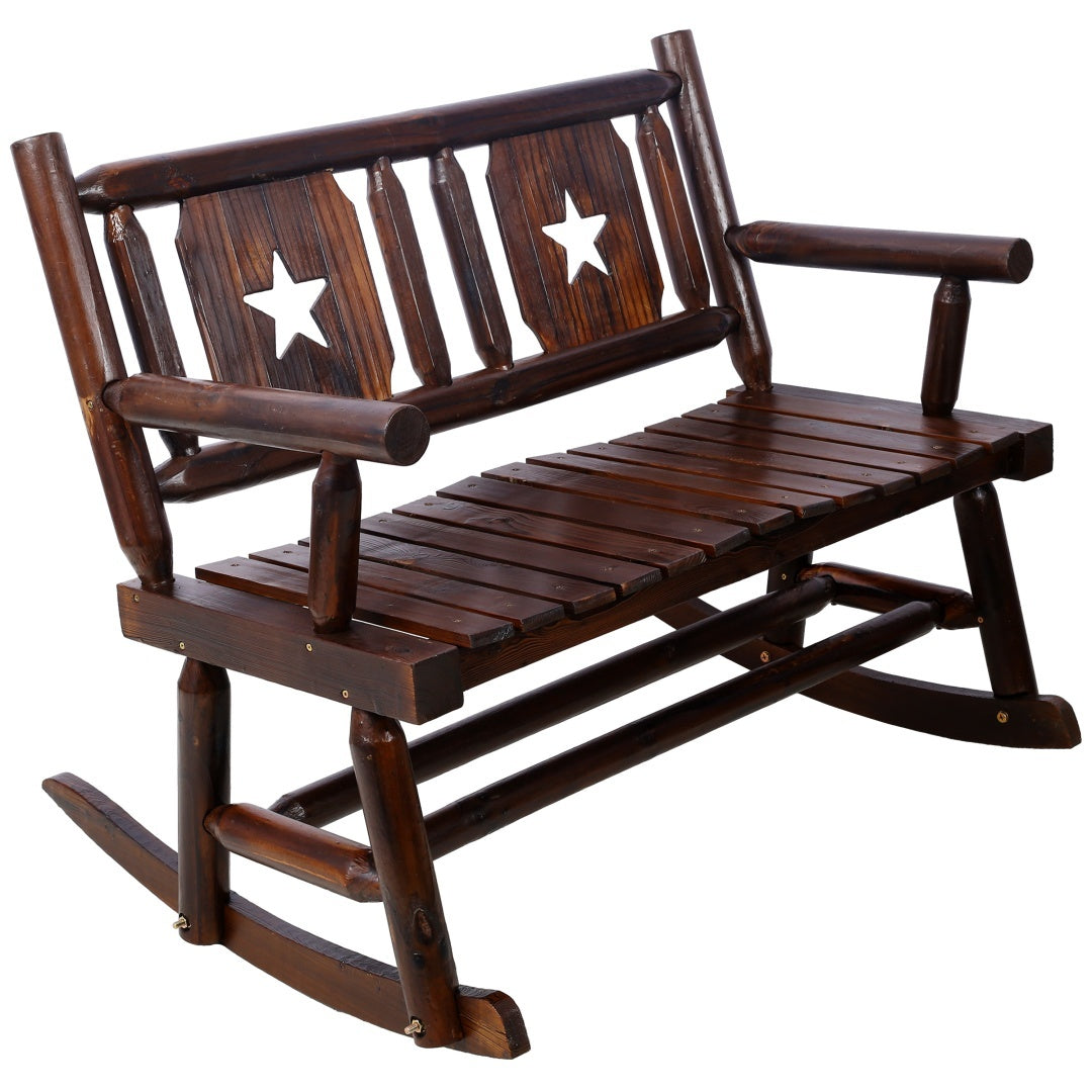Outdoor Solid Wood Rocking Chair Bench Carbonized Double Rocking Chair For 2 People With Wide Curved Seat For Porch, Garden, Backyard, Rustic Brown