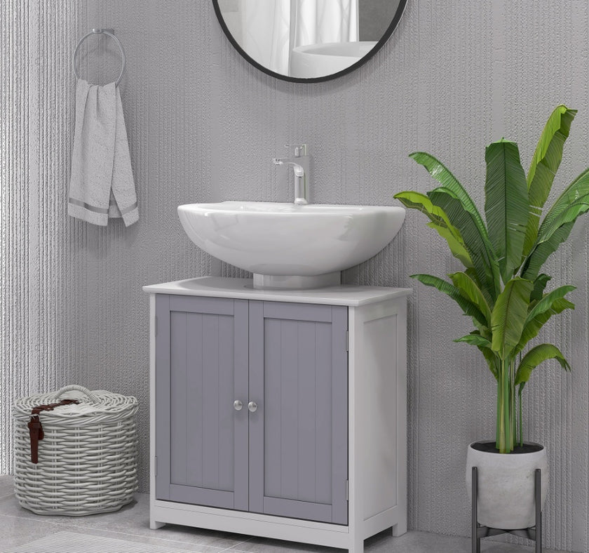 Kleankin Bathroom Vanity Cabinet, Sink Cabinet With U-Shape Cut-Out, Adjustable Shelf, White And Gray