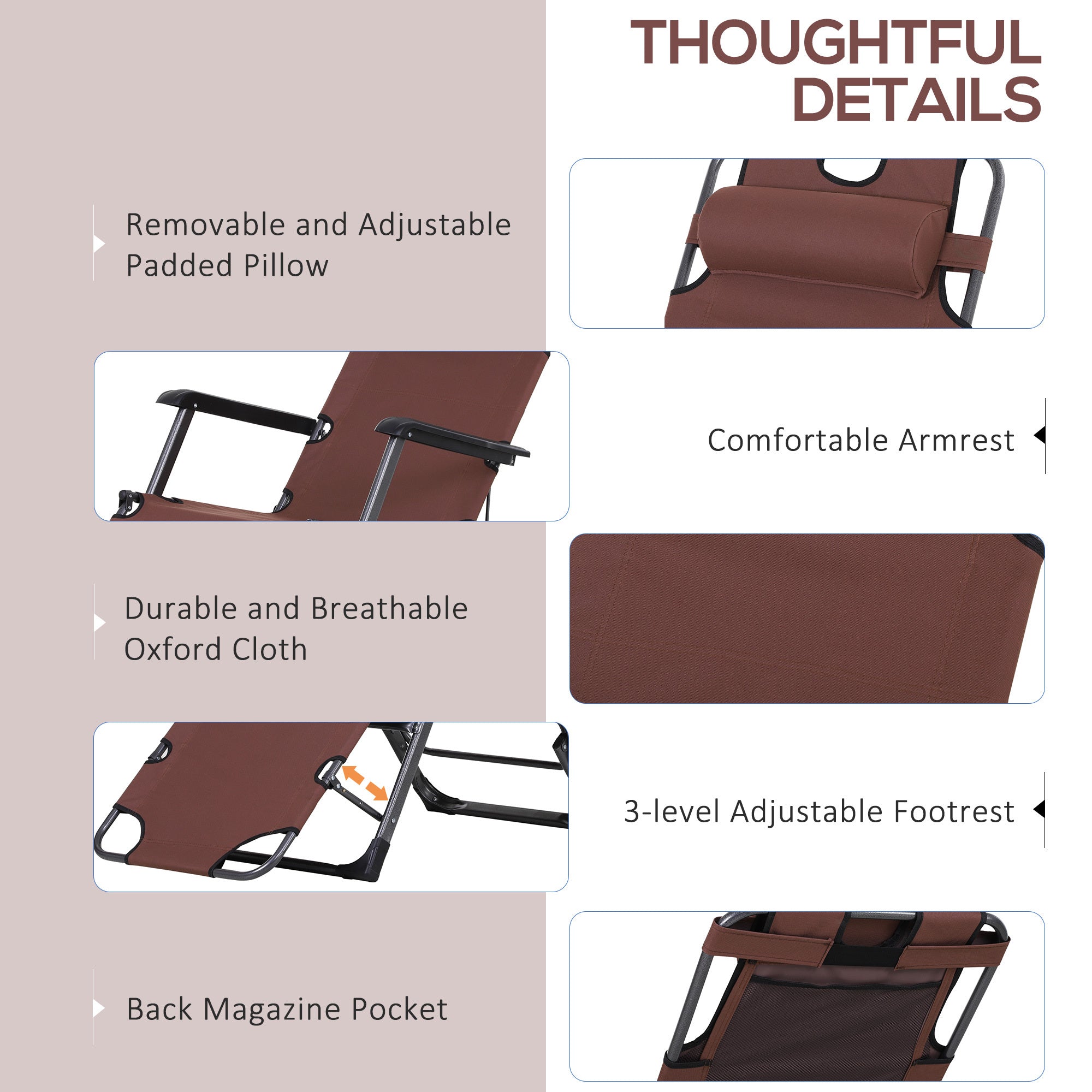 Lounging Relaxation  Folding Lounger With Metal Frame, Adjustable Footrest  Head Pillow
