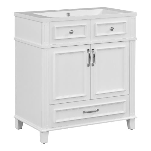 30'' Bathroom Vanity With Resin Sink, Solid Wood Frame Bathroom Storage Cabinet With Soft Closing Doors, Retro Style, White