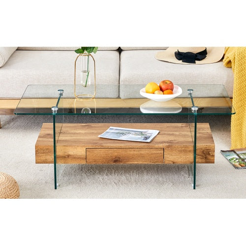 43.3 Inch Modern Two-Tier Coffee Table - Clear Tempered Glass And Natural Wood Grain, Multifunctional Storage Design.The Bottom Tier Includes A Drawer.Can Be Used As A Coffee Table,side Table,etc