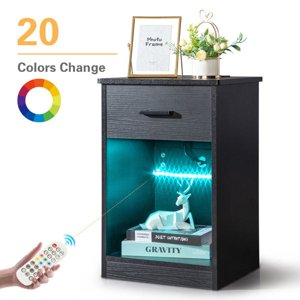 Black Single Drawer Bedside Table With Socket And LED Light