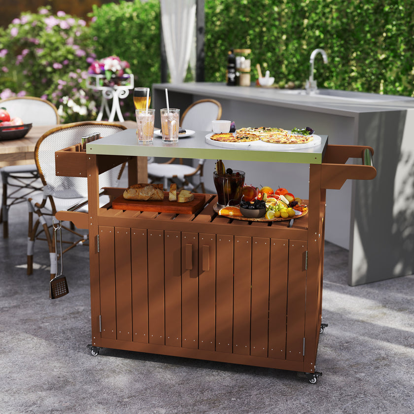 Outdoor Bar Cart With Storage, Stainless Steel Outdoor Bar Table Top, Wheeled HDPE Kitchen Island For Food Prep, Brown