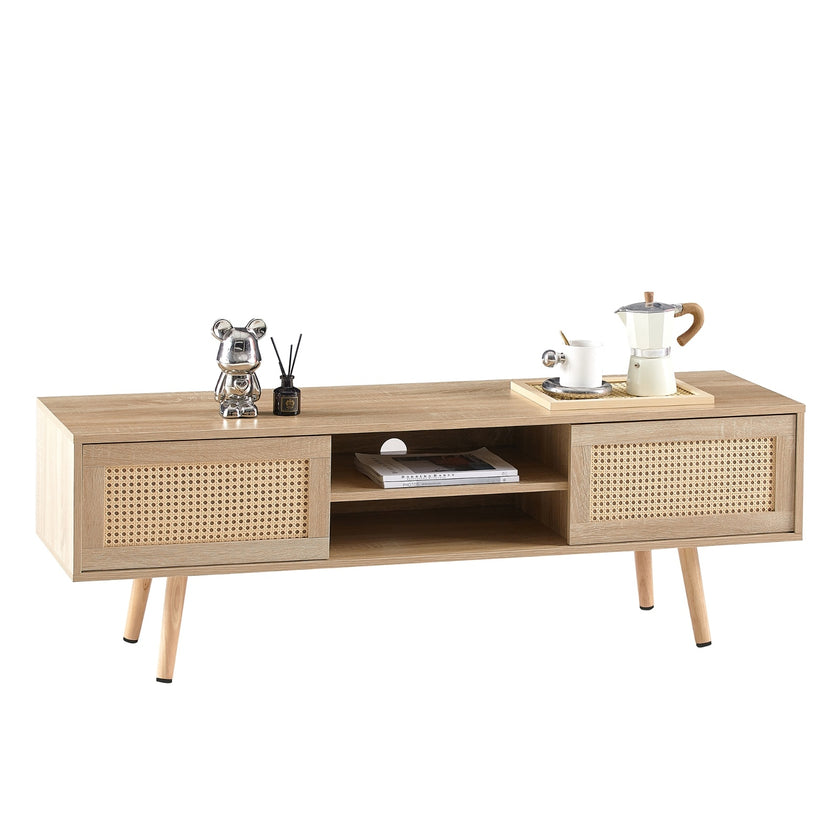 55.12  Rattan TV Cabinet With Sliding Doors  Adjustable Shelf   Solid Wood Legs