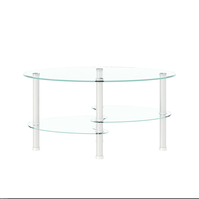 Transparent Oval Glass Coffee Table, Modern 3-Layer With Stainless Steel Leg