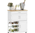 Rolling Kitchen Cart, White, Island With Storage Drawer, 9-Bottle Wine Rack, Door Cabinets, Wooden Countertop