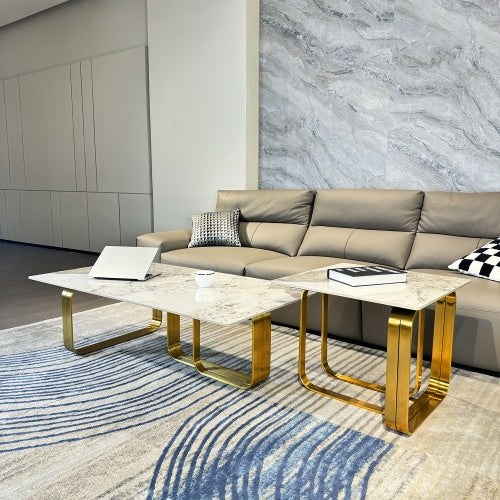 Modern Rectangular Coffee Table Set With Sintered Stone Top, Gold Metal Frame, For Bedroom, Living Room