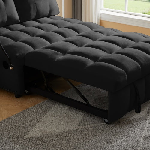 Modern Sofa Velvet Pull-out Bed,Independently Removable Backrest, Have USB Port And Swivel Phone Stand ,black