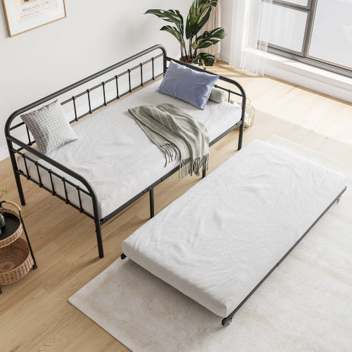 Twin Size Metal Daybed Frame With Trundle, Heavy Duty Steel Slat Support Sofa Bed Platform With Headboard, No Box Spring Needed, Black