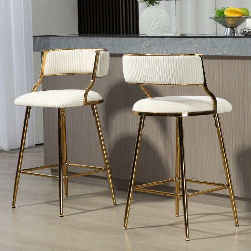 SET OF 2,26 Counter Height Bar Stools Corduroy Kitchen Island Counter Bar Stool With Back,golden Chromed Base And Footrest