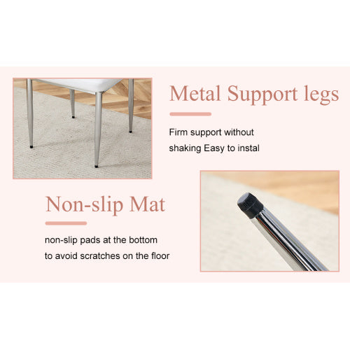 Set Of Four White PU Comfort Dining Chairs 17.7x25Dining Chair With Extended Backrest,WHITE PU,Silver Metal Legs,Suitable For Various Places Such As Family Restaurants, Hotels, Coffee Shops,etc.