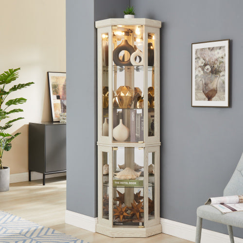 Corner Glass Cabinet Lighted Curio Cabinet Corner Display Case For Living Room, Curio Cabinet, Antique Collection, Wine,Bar Glass Storage Light Included,Dark Cherry