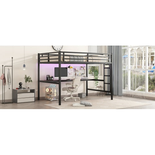 Metal Full XL Size Loft Bed With Power Outlet And LED Lighted, Space-Saving, Noise Reduced, Black