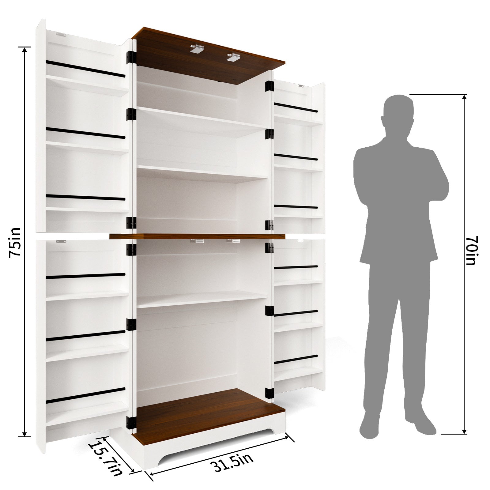 Tall Wooden Storage Cabinet With 4 Barn Doors, Adjustable Shelves And 12 Door Shelves 5-Tier Kitchen Pantry Storage Cabinet