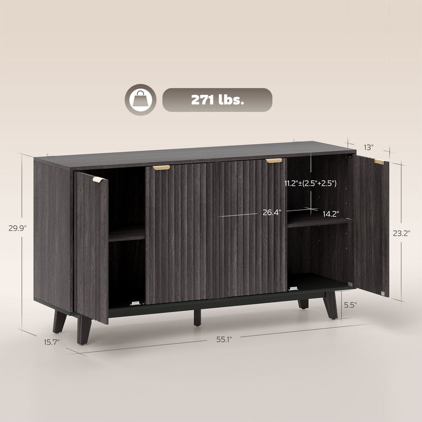 Fluted Sideboard Buffet Cabinet, 55 Coffee Bar Cabinet With 4 Doors, 2 Adjustable Shelves, 5 Wood Legs, Dark Gray