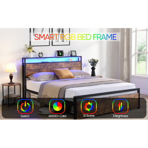 Full Size Bed Frame With Storage Headboard And 2 Drawers, LED Lights Bed With Charging Station, Metal Platform Bed No Noise