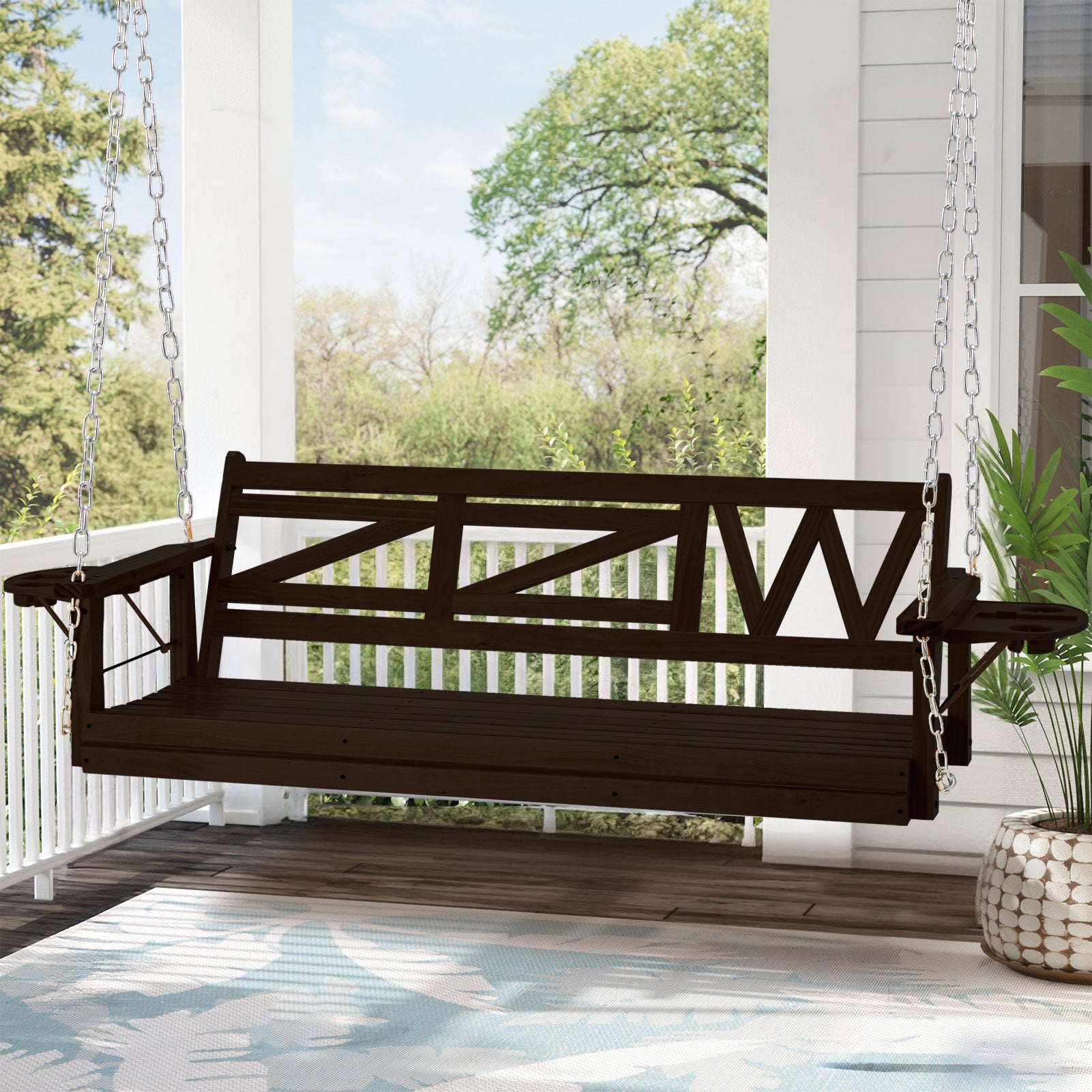 Wooden Outdoor Porch Swing With 3-seat