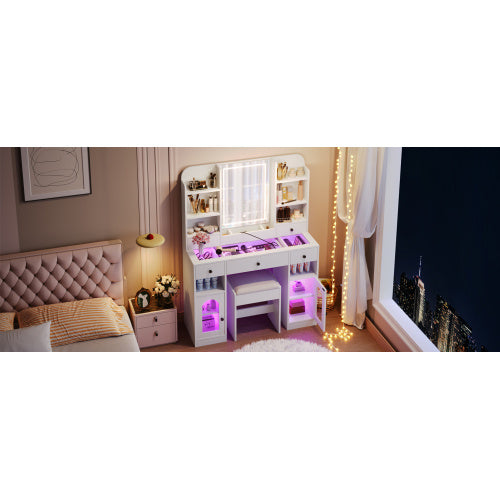 43.2 Vanity Desk With LED Mirror And Lights, Glass Top Vanity With RGB Glass Light Cabinets, Dressing Table With 5 Drawers ,Storage Shelves And Stool For Bedroom, White