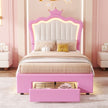 Twin Size Upholstered Bed Frame With LED Lights, Modern Upholstered Princess Bed With Crown Headboard, A Drawer