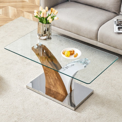 Rectangular Coffee Table.Tempered Glass Countertop, And Artistic MDF Legs,perfect For Hosting Dinners, Conferences, Home, And Office Decorations.White And Wood,Dining Table,Tea Table.Coffee Table.