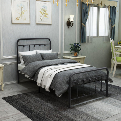 Metal Platform Bed Frame, Victorian Style HeadboardFootboard  Under Bed Storage  No Box Spring Needed Twin Size Black