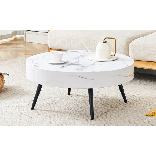 31.5 White Marble-Patterned MDF Round Coffee Table With Black Metal Legs.Adjustable Feet,Coffee Table,Round Table Design,MDF Material,White Marble Pattern.