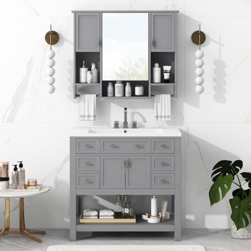 36'' Bathroom Vanity With Top Sink, Modern Mirror Cabinet With Towels Bar, Bathroom Storage Cabinet With 2 Soft Closing Doors And 6 Drawers, Single Sink Bathroom Vanity