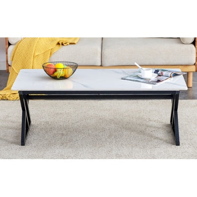A Coffee Table Made Of Rock Slab Material, With A Smooth And Natural Surface That Complements The Modern Design Of The Black Metal Legs, Making It Suitable For Living Rooms Of All Sizes.47X23.6