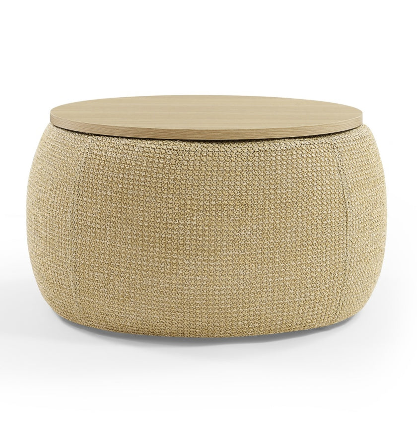 2-in-1 Round Storage Ottoman  End Table, Natural 25.5x25.5x14.5