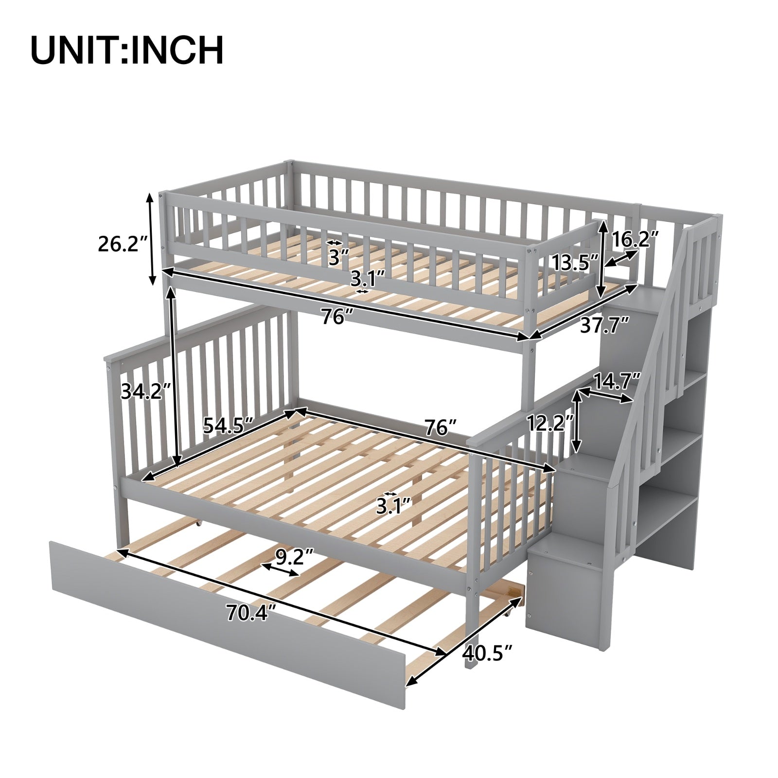 Twin Over Full Bunk Bed With Trundle And Staircase,Gray