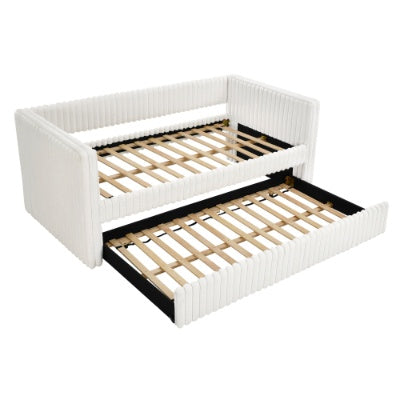 Twin Size Daybed, Upholstered Sofa Bed,The Bottom Pulls Out To Form A Bed ,Striped Corduroy Fabric- Beige 86x43.5x34