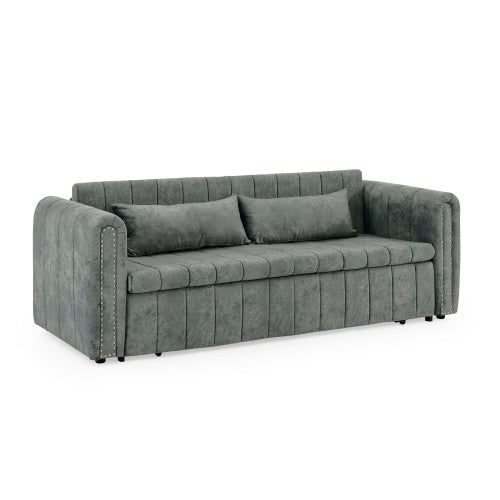 3 In 1 Pull-Out Bed Sleeper, Modern Upholstered 3 Seats Lounge Sofa & Couches With Rolled Arms Decorated With Copper Nails , Convertible Futon 3 Seats Sofabed With Two Drawers And Two Pillows