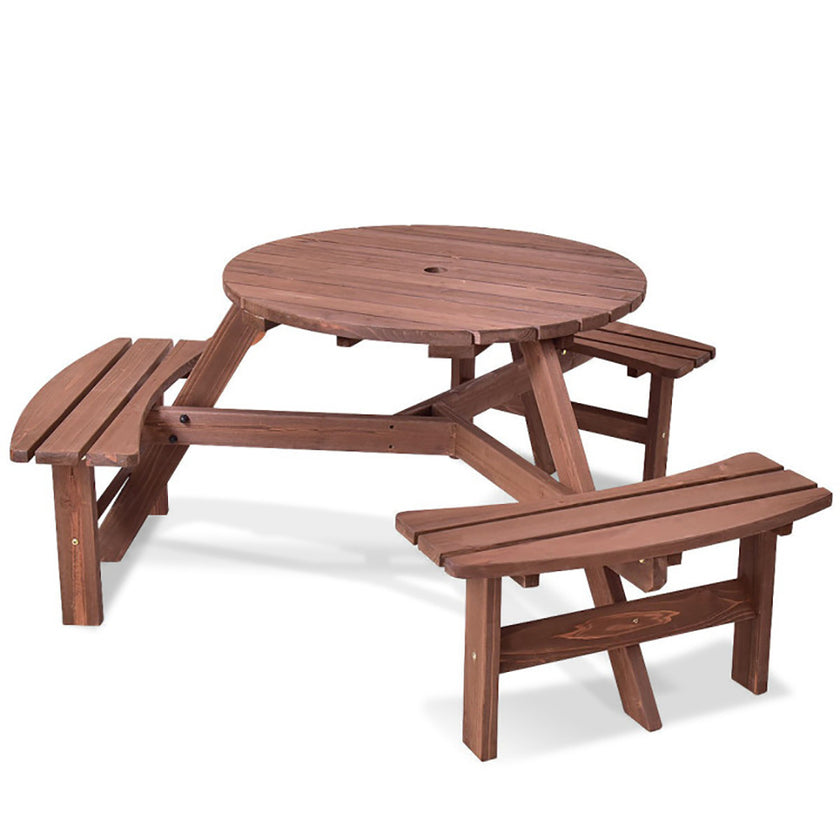 6 Person Wooden Picnic Table Set With Bench And Umbrella Hold