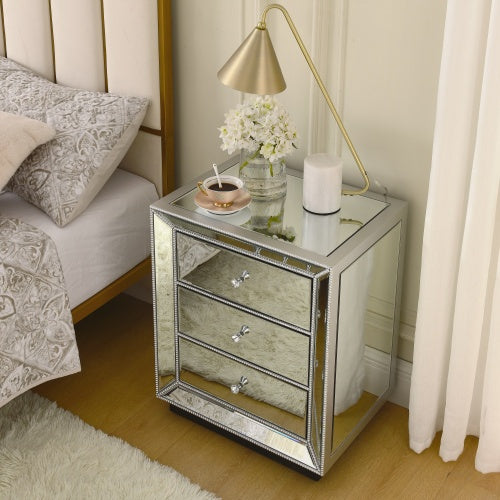 W 22X D 16  X 26.8  Silver Mirror Three Drawer Cabinet