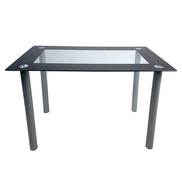Simple Rectangular Cylindrical Leg Dining Table For 4 People Tempered Glass Stainless Steel Black Edging 110X70X75cm