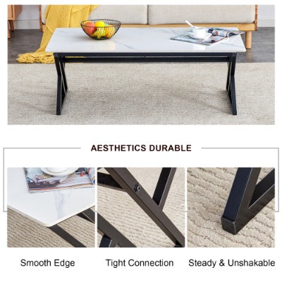 A Coffee Table Made Of Rock Slab Material, With A Smooth And Natural Surface That Complements The Modern Design Of The Black Metal Legs, Making It Suitable For Living Rooms Of All Sizes.47X23.6