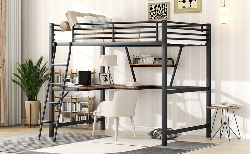 Full Size Loft Metal&MDF Bed With Desk And Shelf, Black