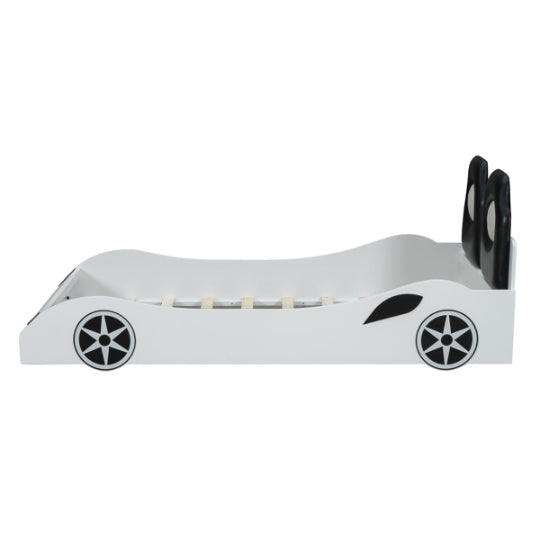 Wood Twin Size Race Car-Shaped Platform Bed With LED And Upholstered Backrest, White