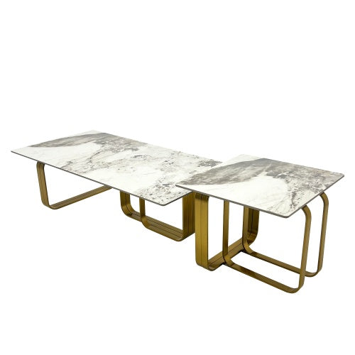 Modern Rectangular Coffee Table Set With Sintered Stone Top, Gold Metal Frame, For Bedroom, Living Room