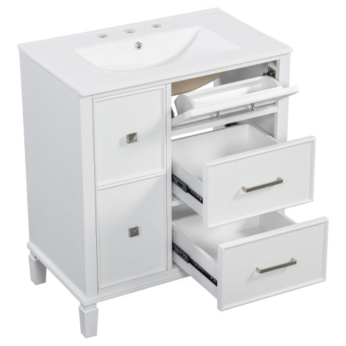 30 Inch Bathroom Vanity With Ceramic Sink, Flip-Out Drawer Design For Plumbing, White Painted MDF Cabinet With Solid Wood Legs